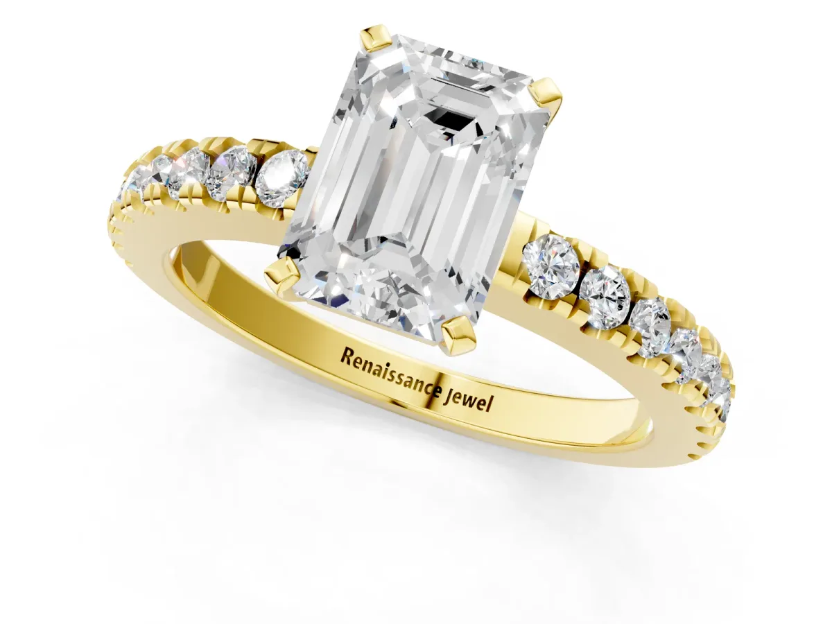 Emerald Cut Solitaire Diamond with Pavé Band and Four-Prong Setting Yellow gold