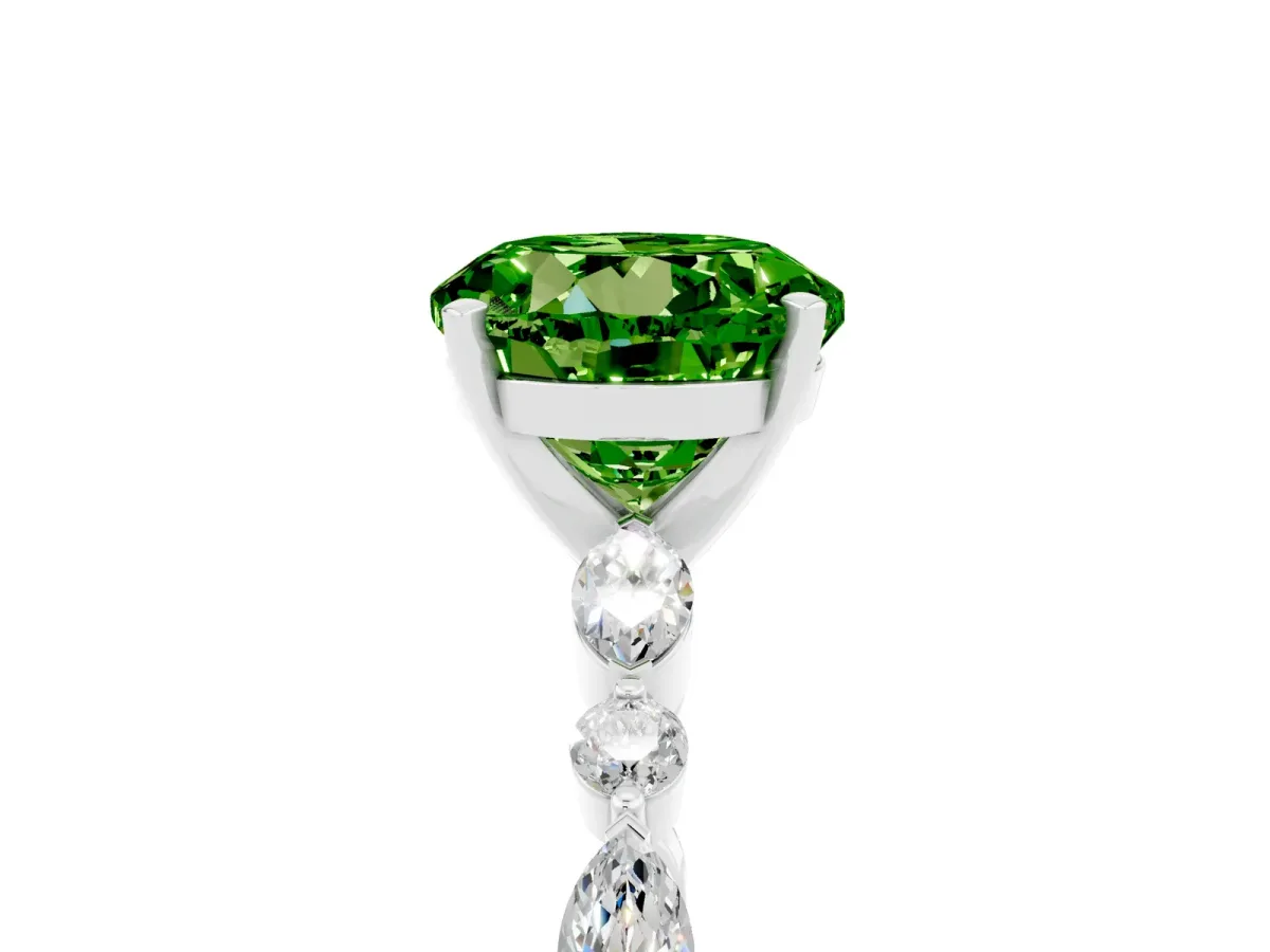 Round Cut Peridot Ring with Marquise and Round Side Stones and Four-Prong Setting Silver