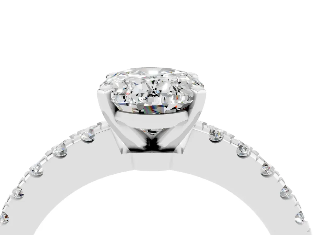 Oval Cut Solitaire Moissanite with Pavé Band and Four-Prong Setting Silver