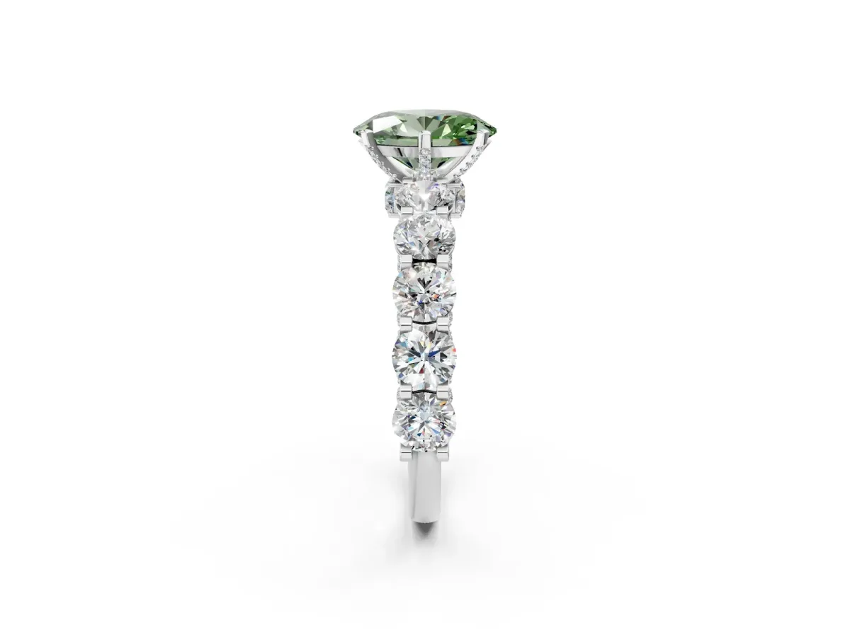 Fancy Green Oval Cut Diamond Side Stone Engagement Ring with Four-Prong Setting White gold