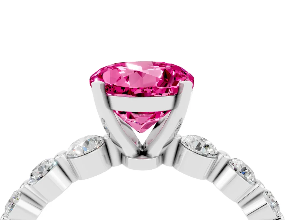 Round Cut Solitaire Pink Sapphire Ring with Pave Band and Four-Prong Setting Silver