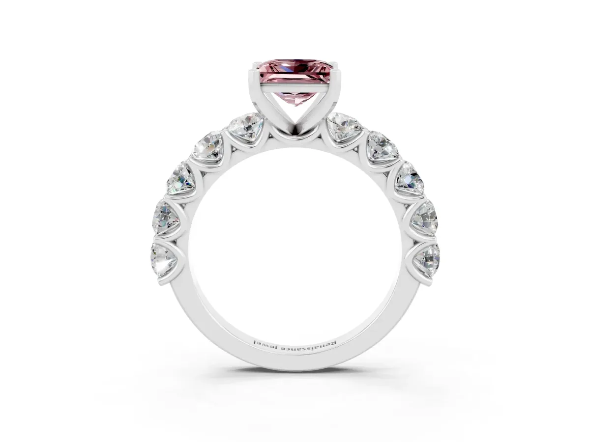 Princess Cut Morganite Prong Setting with Side Stones on a Pave Band Silver
