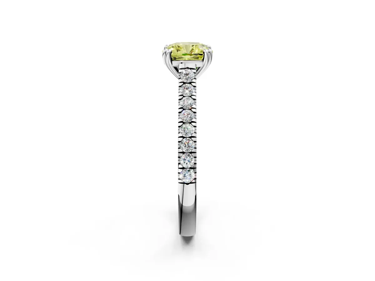 Fancy Yellow Cushion Cut Solitaire Pave Diamond Engagement Ring with Prong Setting White gold