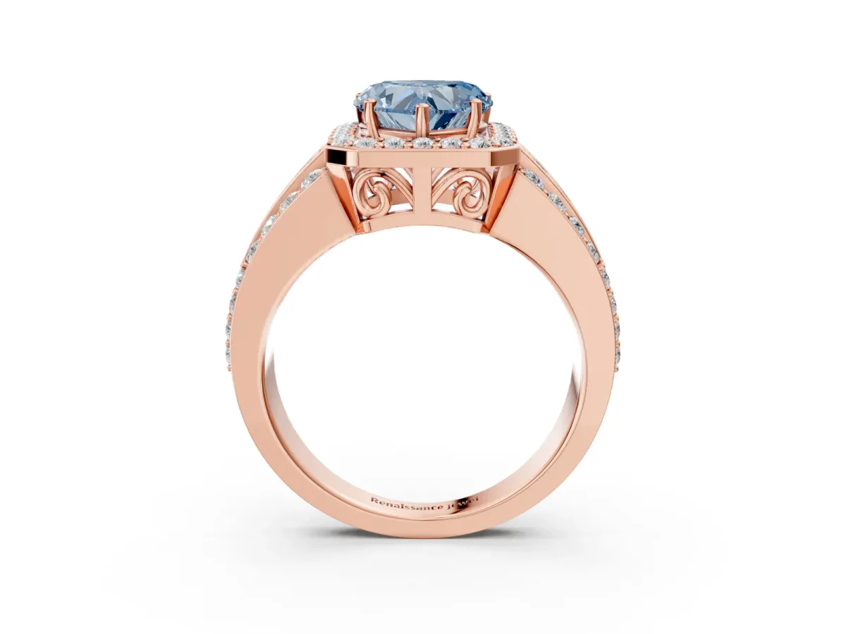 Fancy Blue Heart Cut Halo Diamond Ring with Round Split Shank and Prong Setting Rose gold