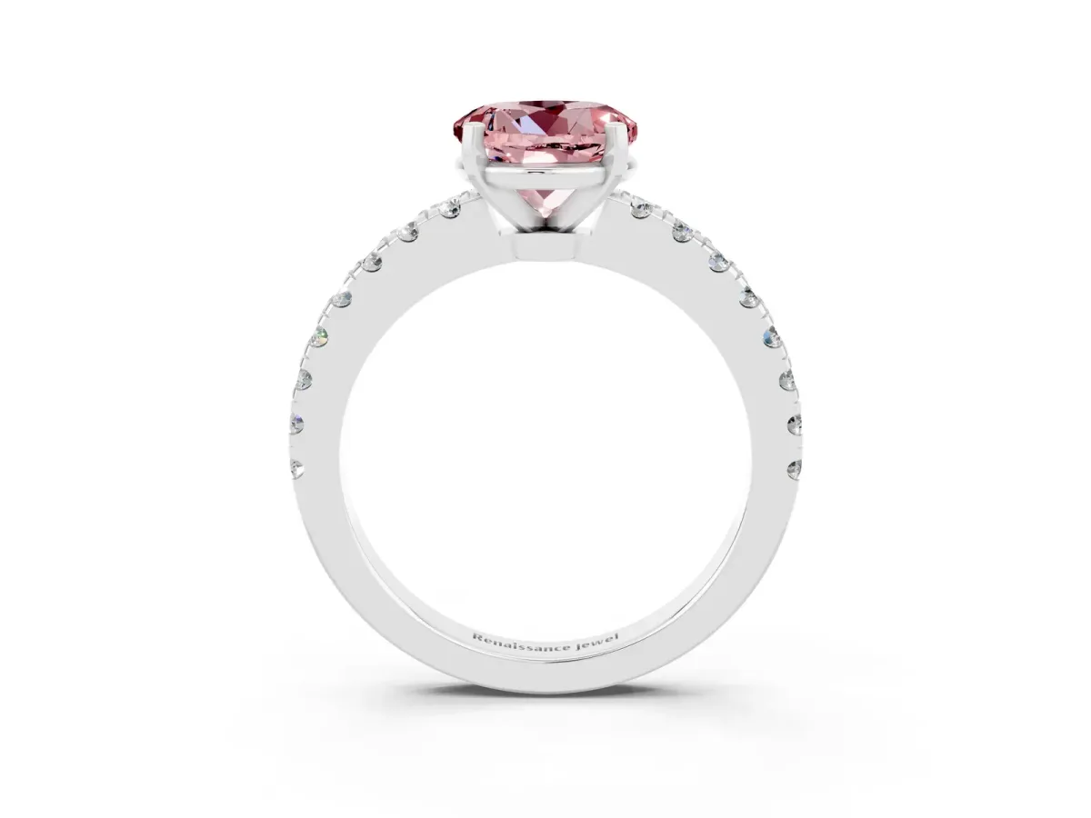 Round Cut Solitaire Morganite with Pavé Band and Four-Prong Setting Silver