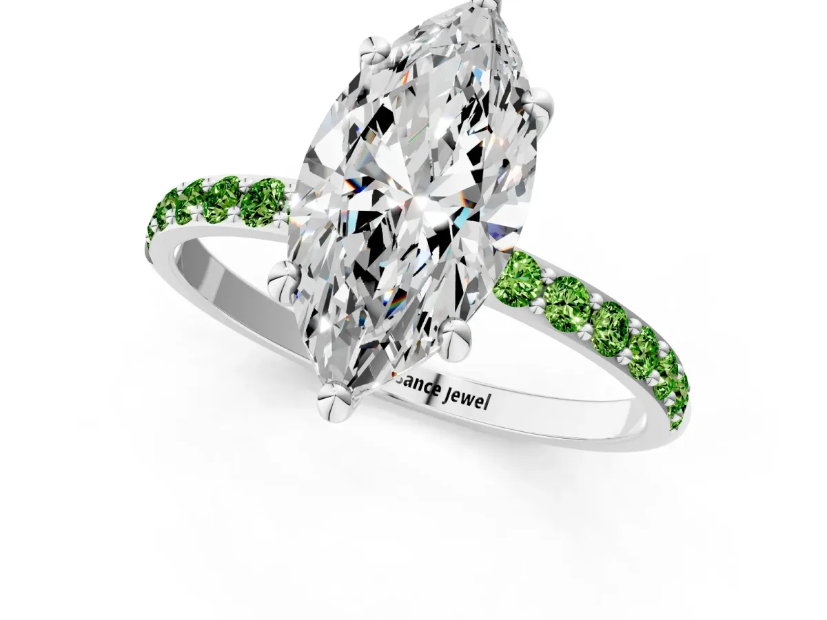 Marquise Cut Diamond Solitaire Ring with Round Peridot Pavé Band and Prong Setting Silver