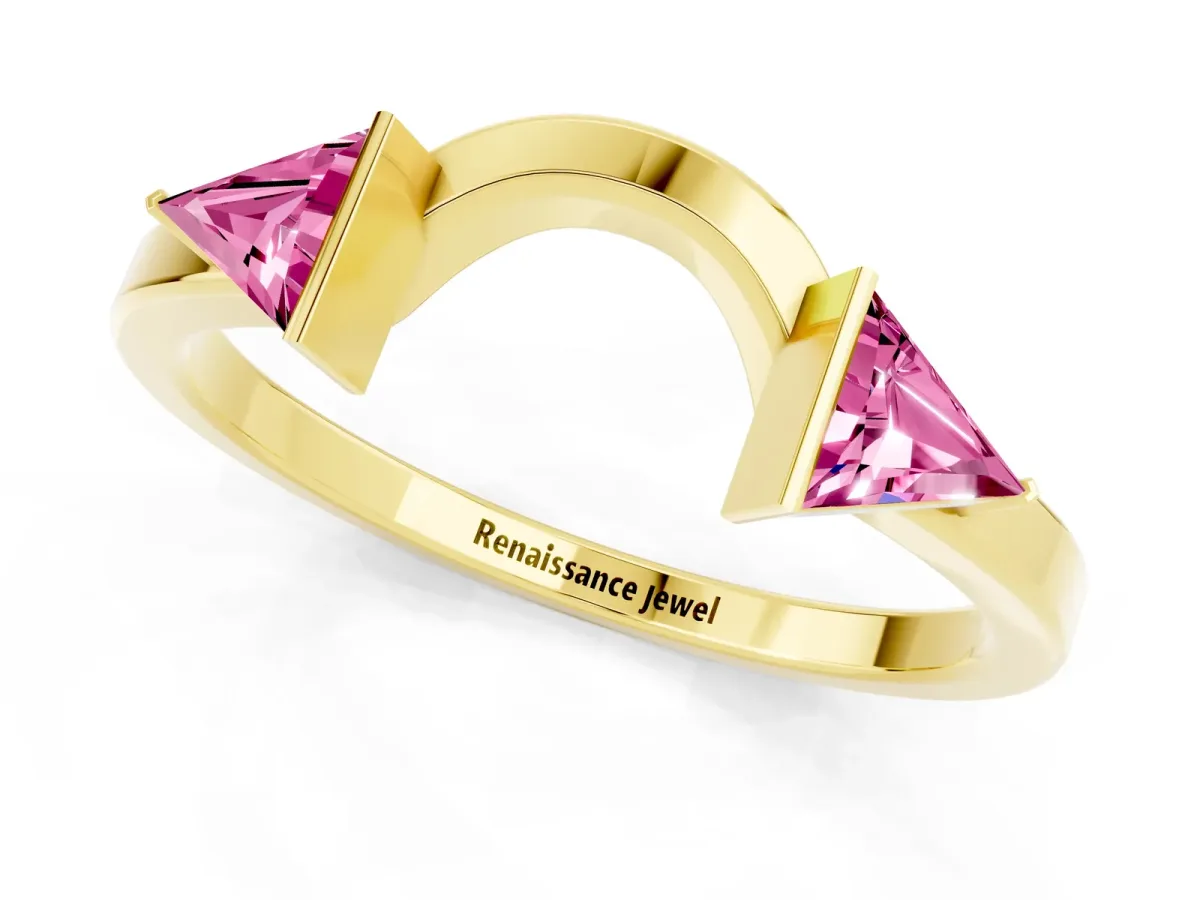 Trillion Pink Sapphire Open Band Ring with Bezel Setting Yellow gold