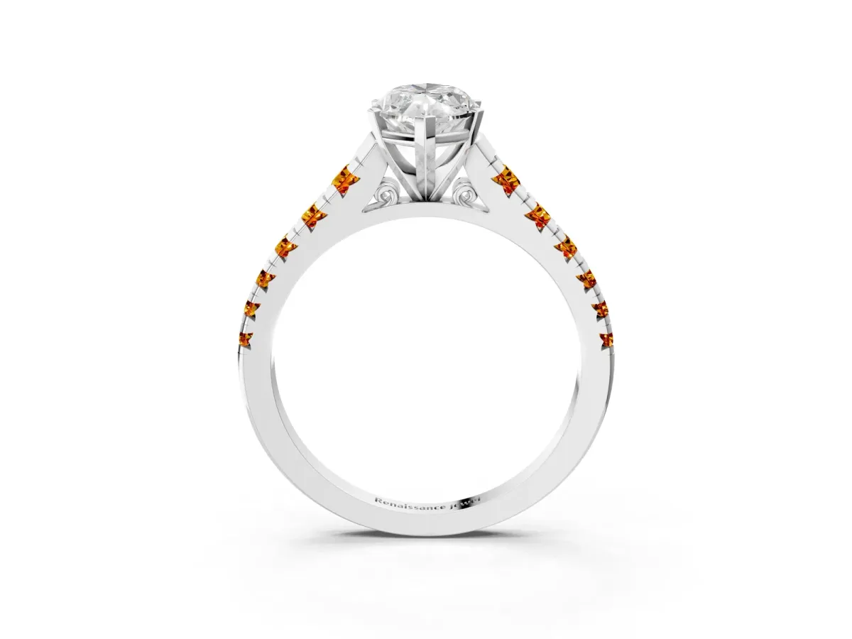 Marquise Cut Diamond Cathedral Solitaire Ring with Round Citrine Pavé Band Silver