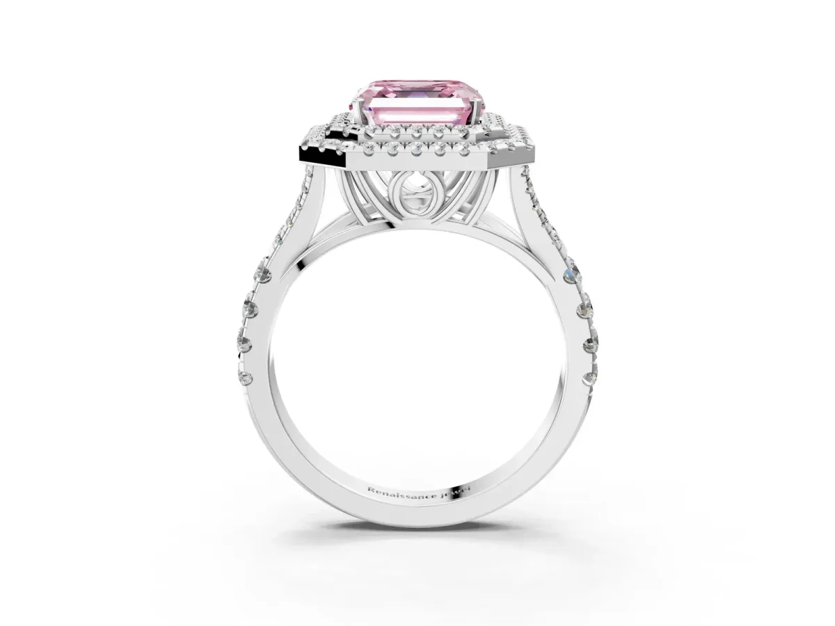 Fancy Pink Asscher Cut Diamond Double Halo Ring with Split Shank and Prong Setting Silver