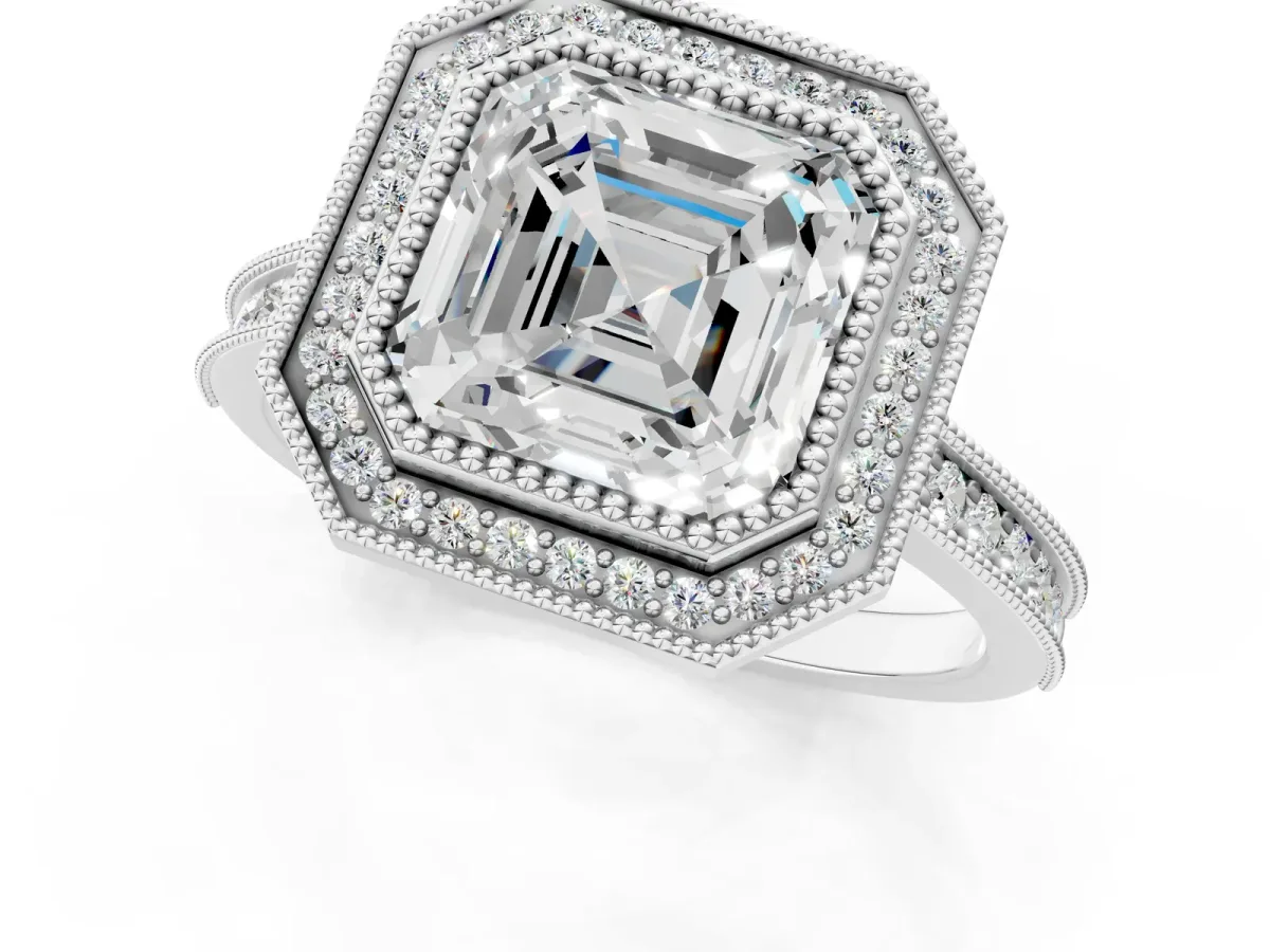 Halo Asscher Cut-Cut Diamond Pave Band Milgrain Prong Setting Ring Platinum