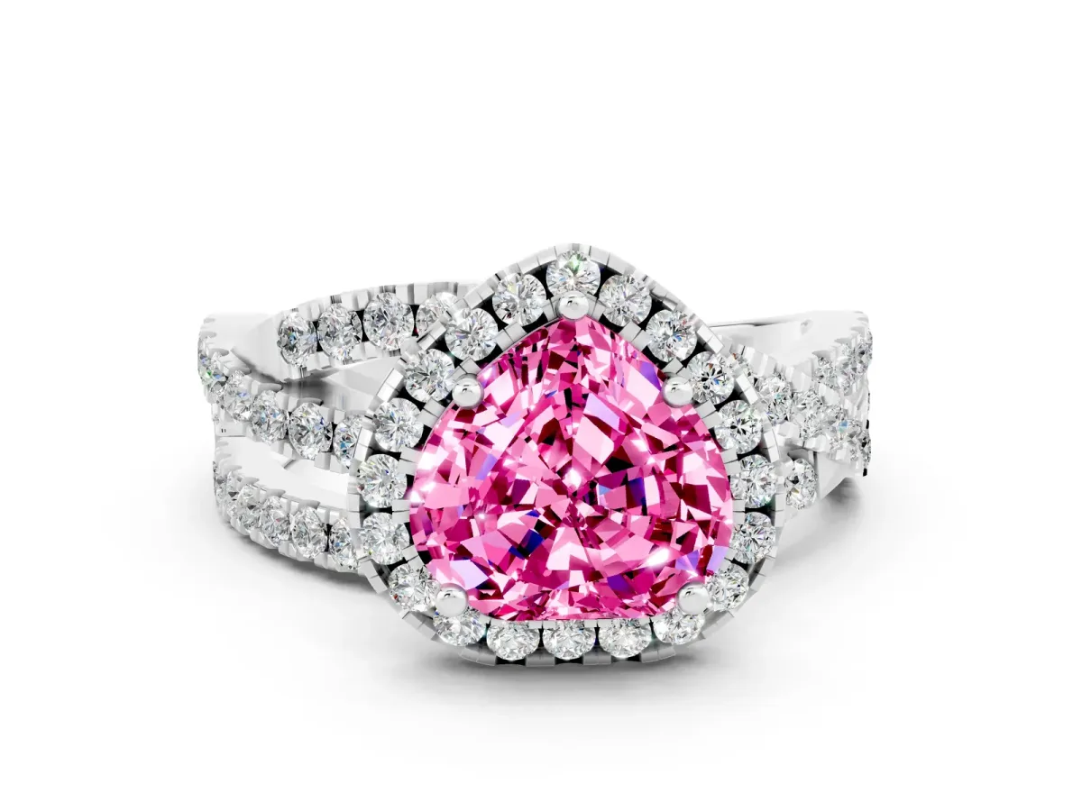 Heart Cut Pink Sapphire Halo Ring with Round Split Shank and Prong Setting Platinum