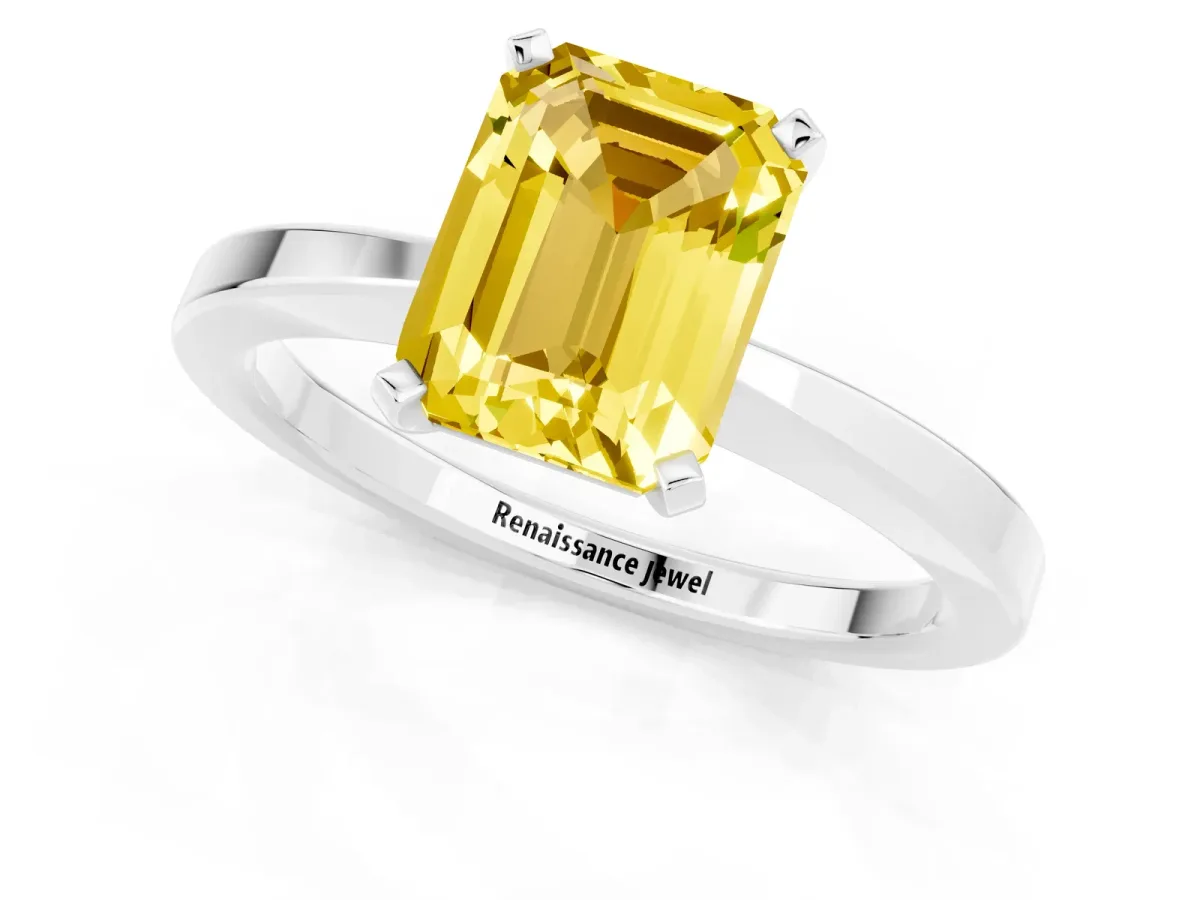 Emerald Cut Yellow Sapphire Solitaire Engagement Ring with Classic Band and Four-Prong Setting Silver