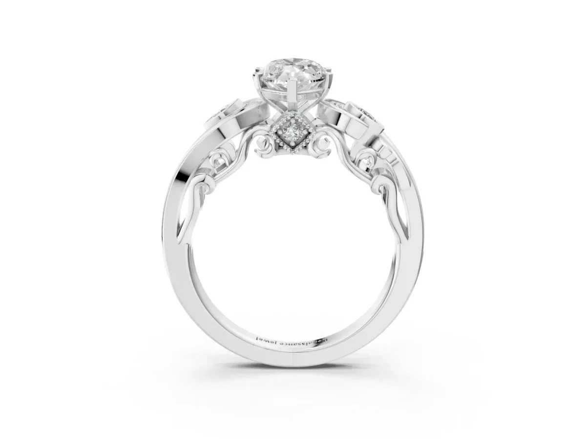 Marquise Cut Diamond Solitaire Ring with Milgrain Pavé Band and Four-Prong Setting Silver