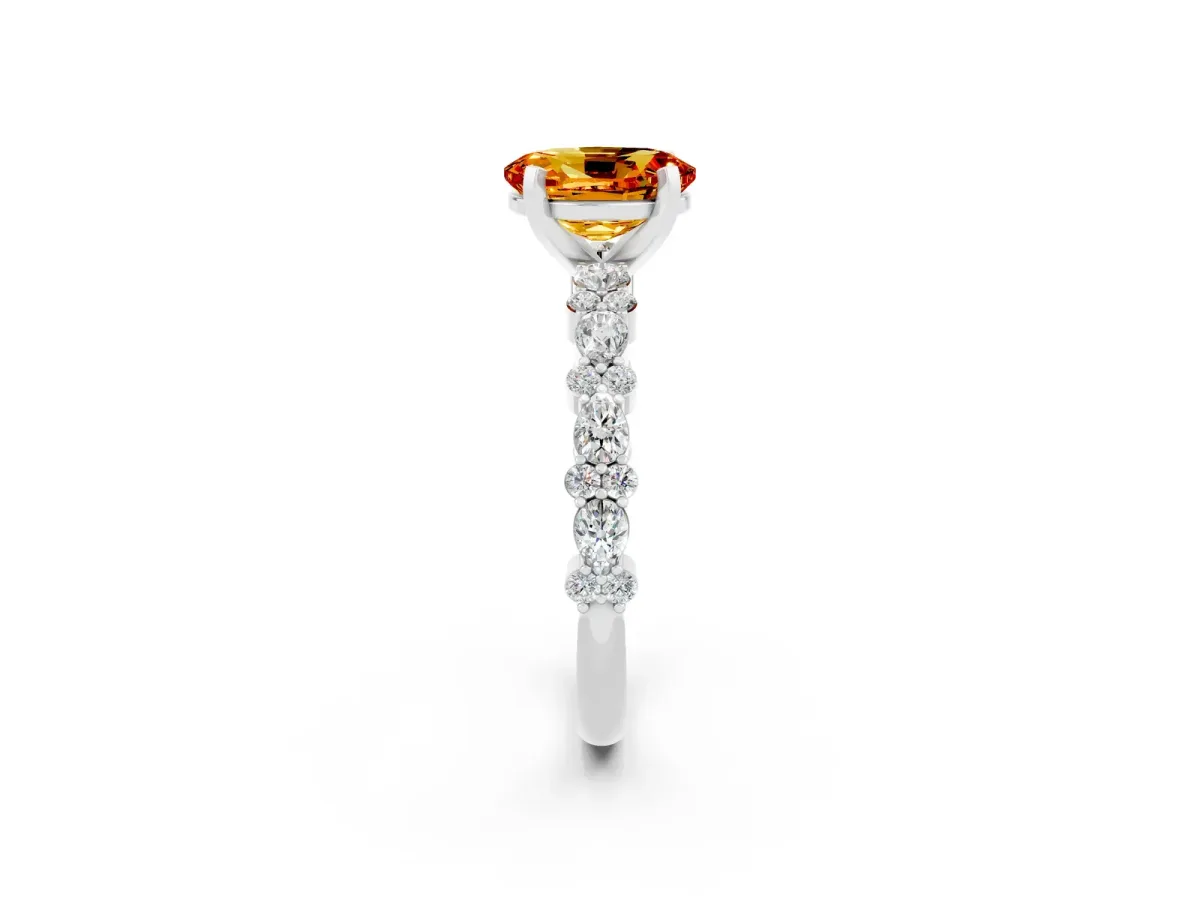 Oval Cut Citrine Side Stone Solitaire Ring with Round and Four-Prong Setting White gold