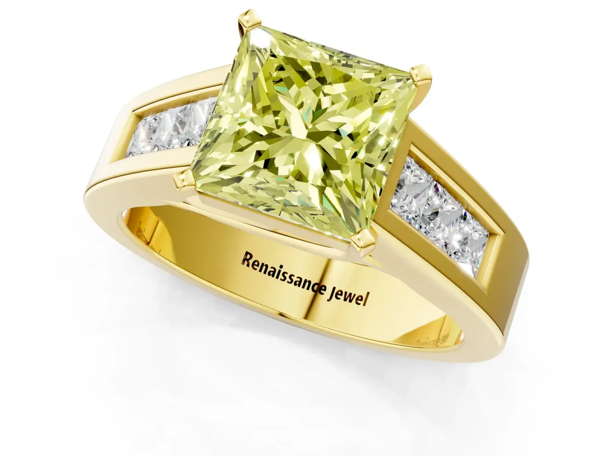 Fancy Yellow Princess Cut Cut Channel Set Solitaire Ring with Four-Prong Setting Yellow gold