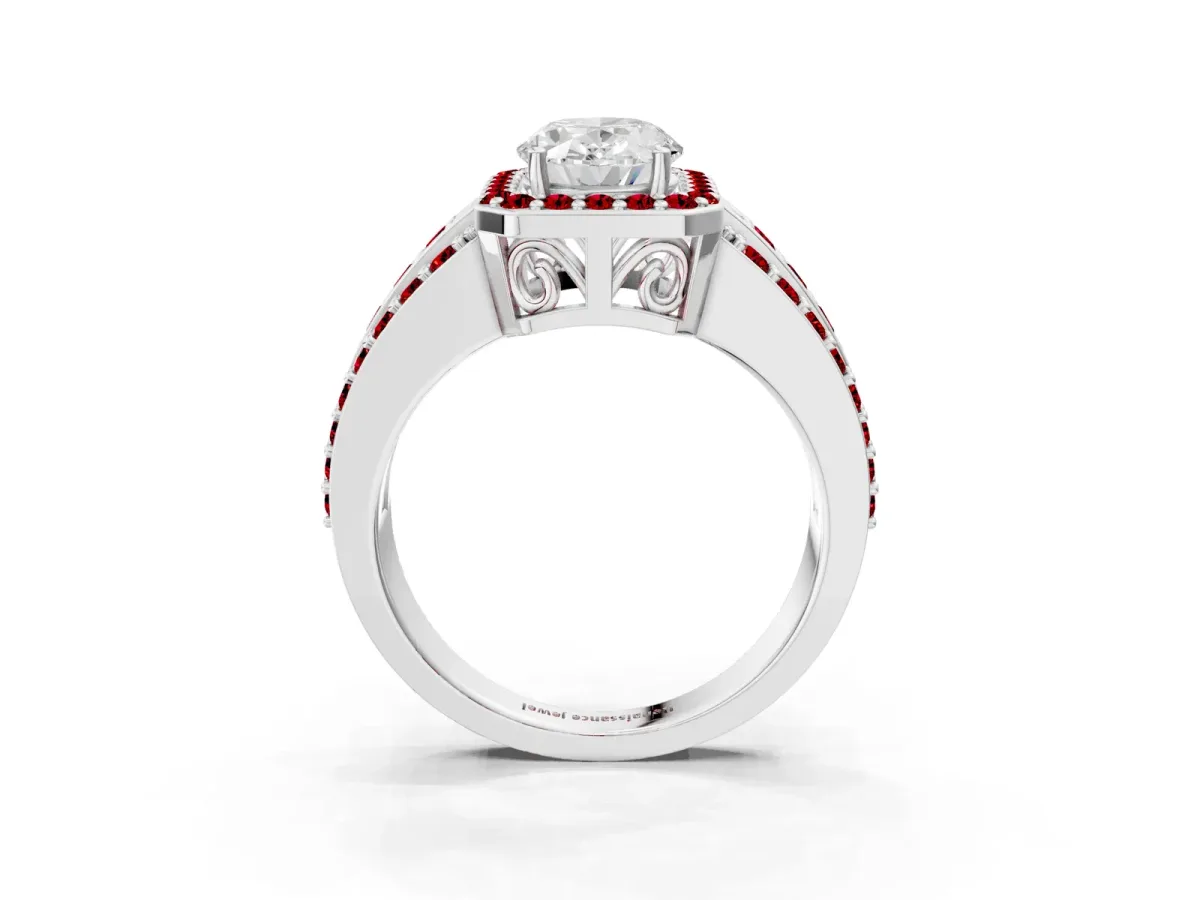 Oval Cut Halo Diamond Ring with Round Ruby Split Shank and Prong Setting White gold
