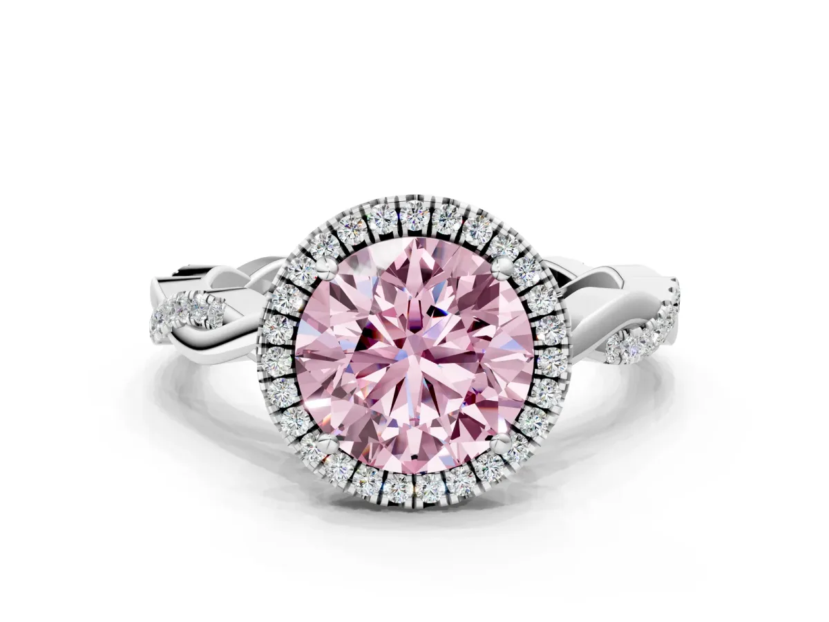 Fancy Pink Round Cut Cut Halo Twisted Band Four-Prong Ring Platinum