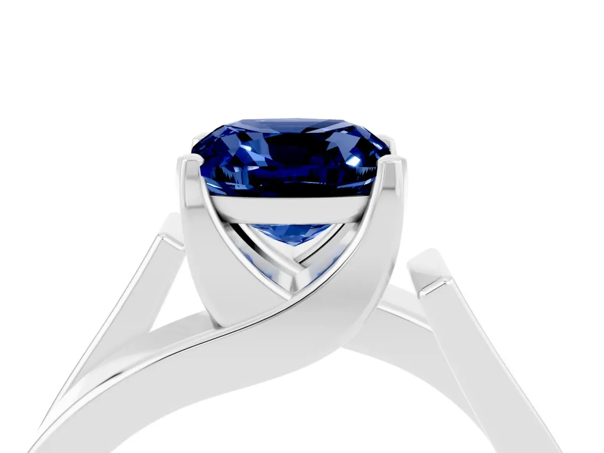 Modern Tension Set Cushion Cut Blue Sapphire Solitaire Wide Band Ring Silver