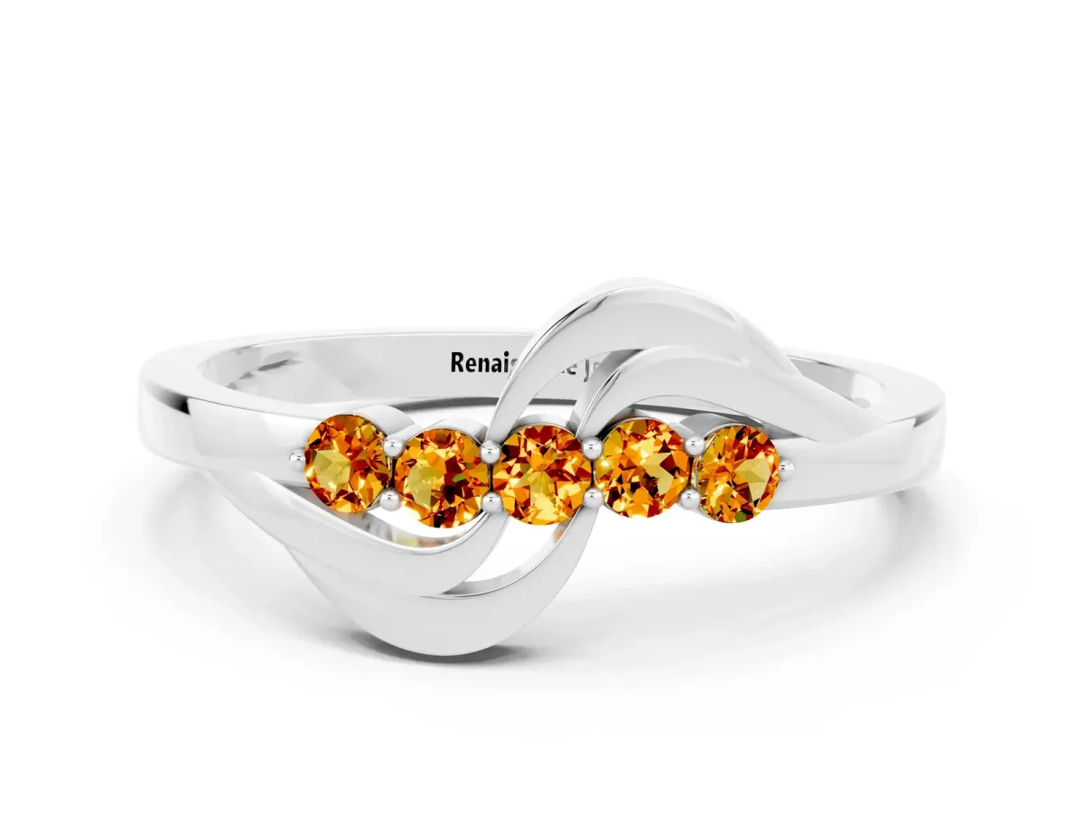 Five-Stone Round Citrine Crossover Band with Prong Setting White gold