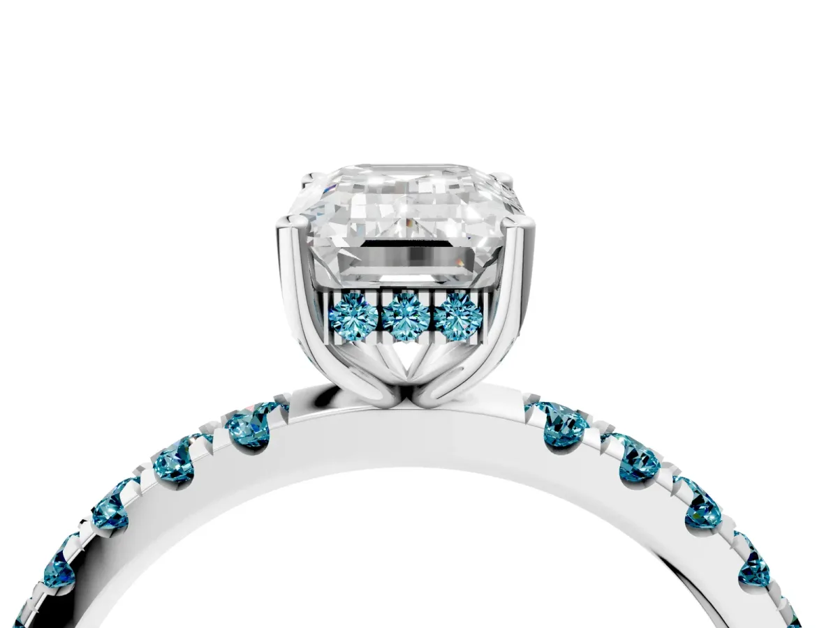 Emerald Cut Diamond Pave Band Solitaire Ring with Round Blue Topaz and Prong Setting Platinum