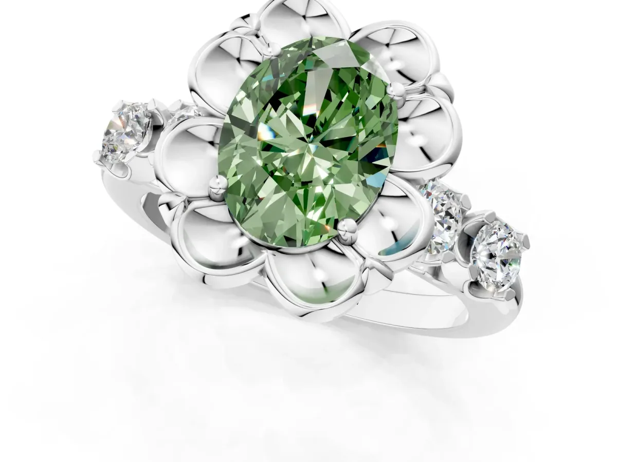 Fancy Green Oval Cut Cut Diamond Floral Halo Engagement Ring with Shared Prong Setting Silver
