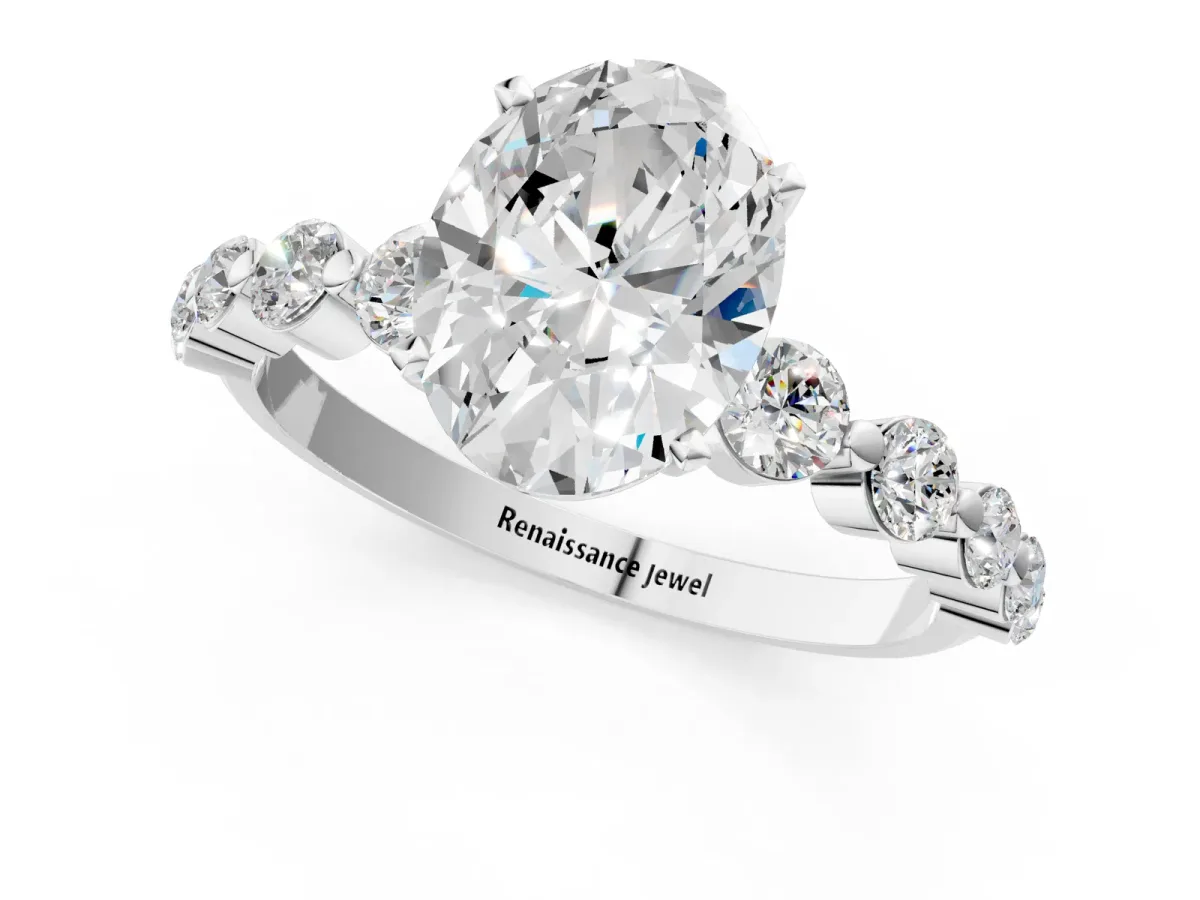 Oval Cut Solitaire Diamond Ring with Pave Band and Four-Prong Setting Platinum