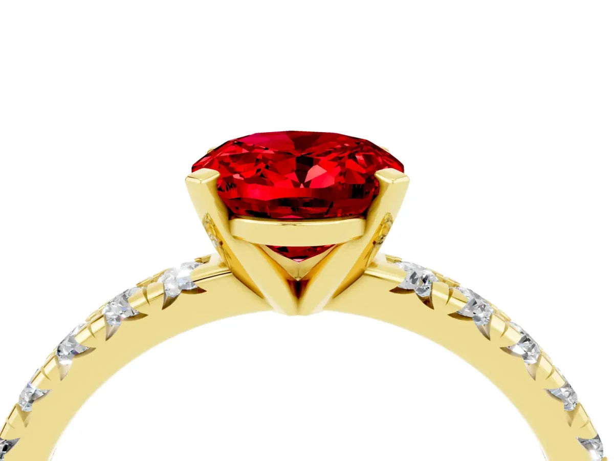 Oval Cut Ruby Solitaire Pavé Engagement Ring with Round Band and Prong Setting Yellow gold