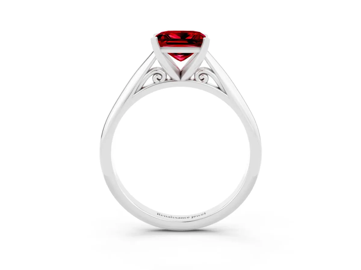 Princess Cut Ruby Solitaire Engagement Ring with Cathedral Setting and Four-Prong Mount White gold