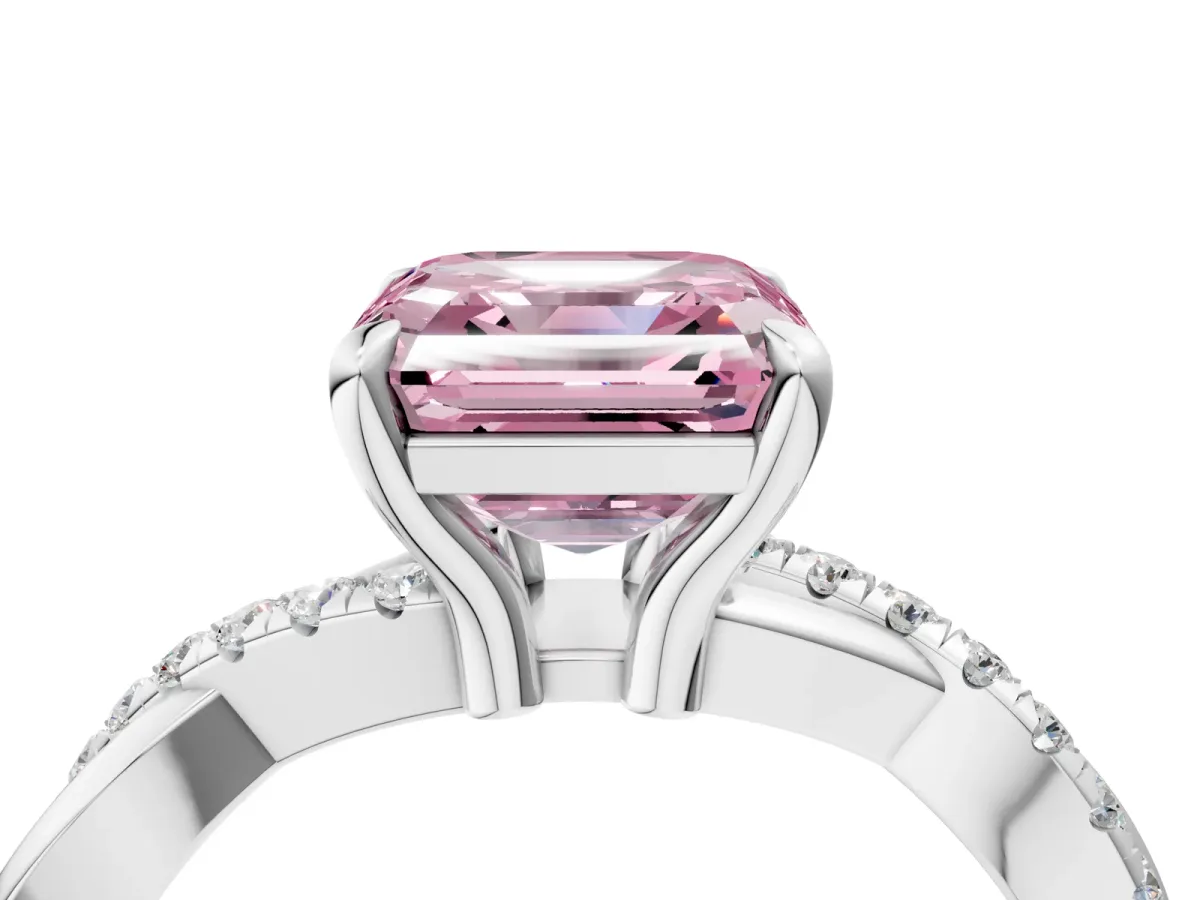 Fancy Pink Asscher Cut Cut Twist Band Solitaire Diamond Ring with Pavé Setting Platinum