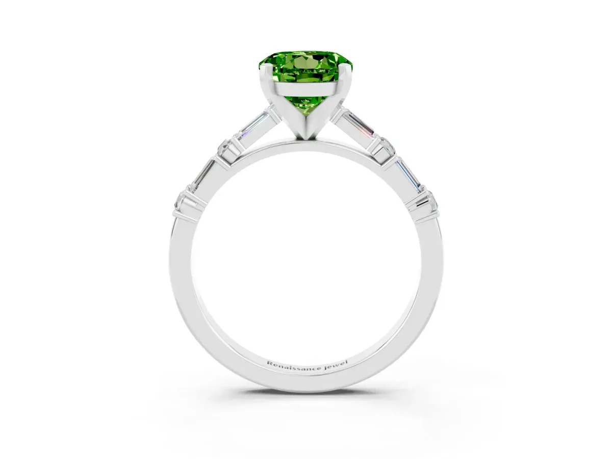 Round Cut Peridot Solitaire with Side Baguettes and Channel Set Band Platinum
