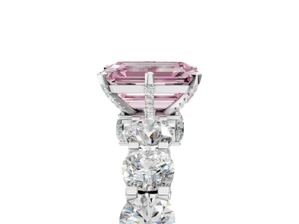 Fancy Pink Emerald Cut Diamond Side Stone Engagement Ring with Four-Prong Setting White gold