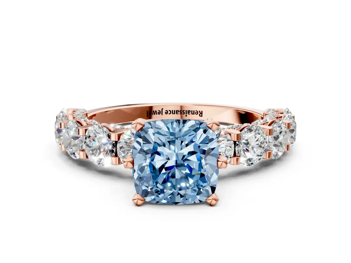 Fancy Blue Cushion Cut Diamond Side Stone Engagement Ring with Four-Prong Setting Rose gold