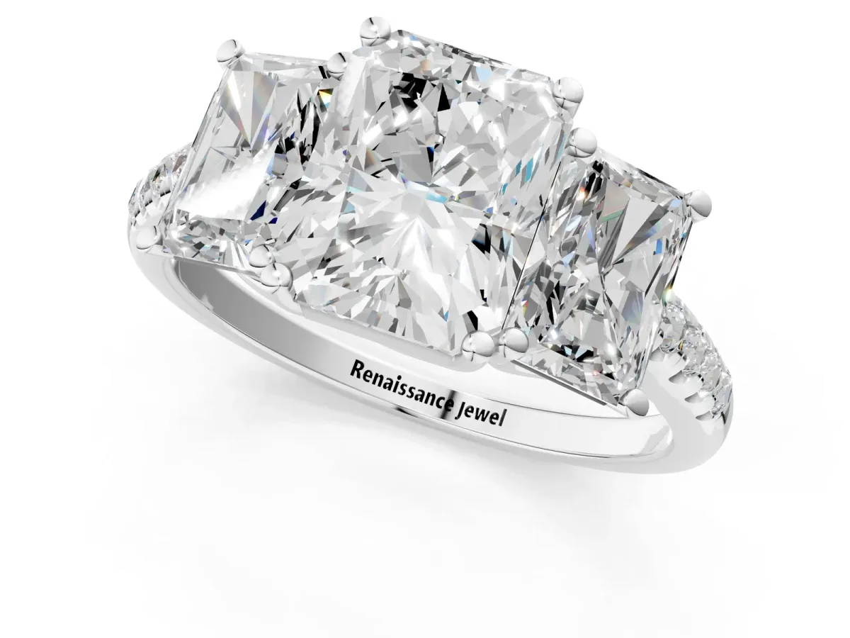 Three-Stone Radiant Cut Diamond Ring with Round Moissanite Pavé Band and Prong Setting Silver