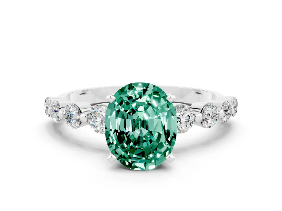 Oval Cut Solitaire Green Sapphire Ring with Pave Band and Four-Prong Setting Silver