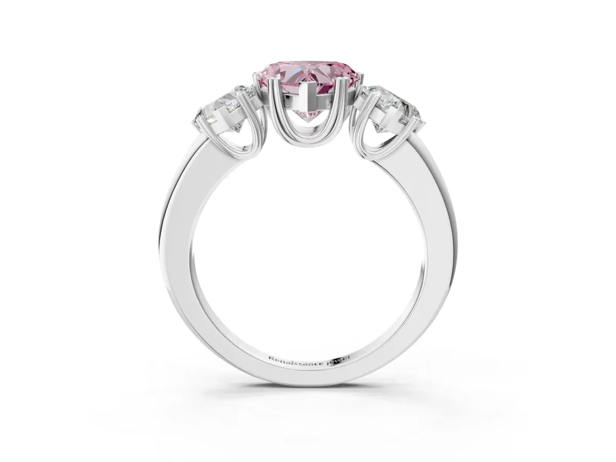 Fancy Pink Three-Stone Heart Cut Cut Diamond Ring with Channel Set Band and Four-Prong Setting Silver