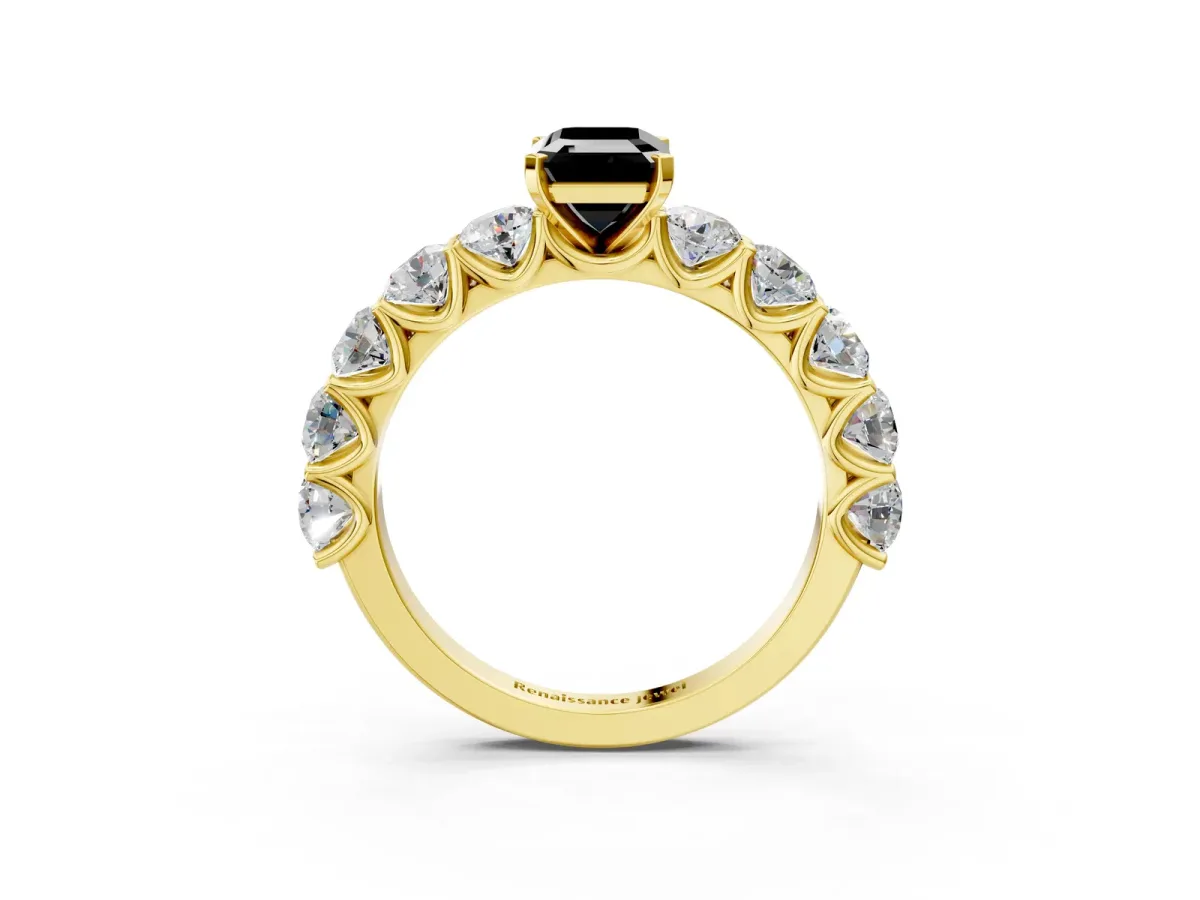 Fancy Black Emerald Cut Diamond Prong Setting with Side Stones on a Pave Band Yellow gold