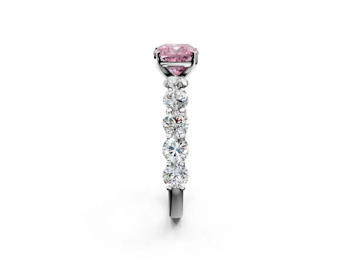 Fancy Pink Cushion Cut Diamond Prong Setting with Side Stones on a Pave Band Silver