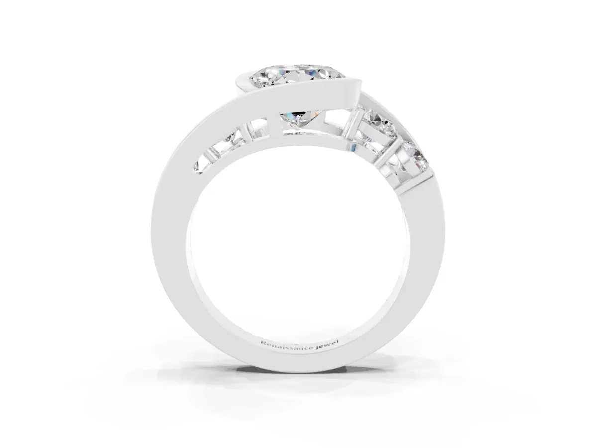 Bezel Set Round Cut Moissanite Bypass Ring with Round Accents Silver
