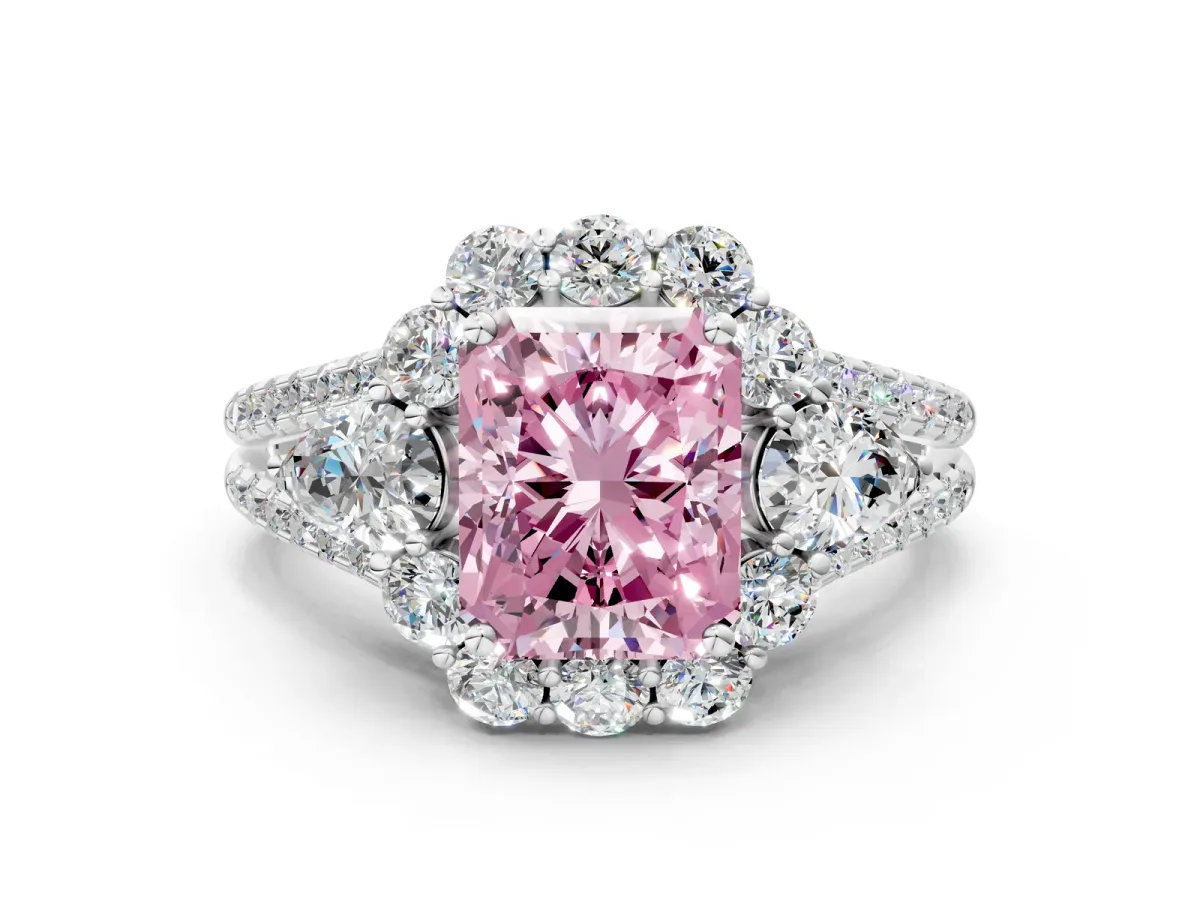 Fancy Pink Radiant Cut Halo Split Shank Diamond Engagement Ring with Prong Setting Platinum
