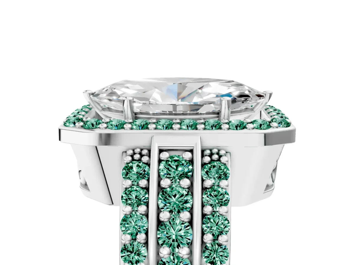 Marquise Cut Halo Diamond Ring with Round Green Sapphire Split Shank and Prong Setting Silver