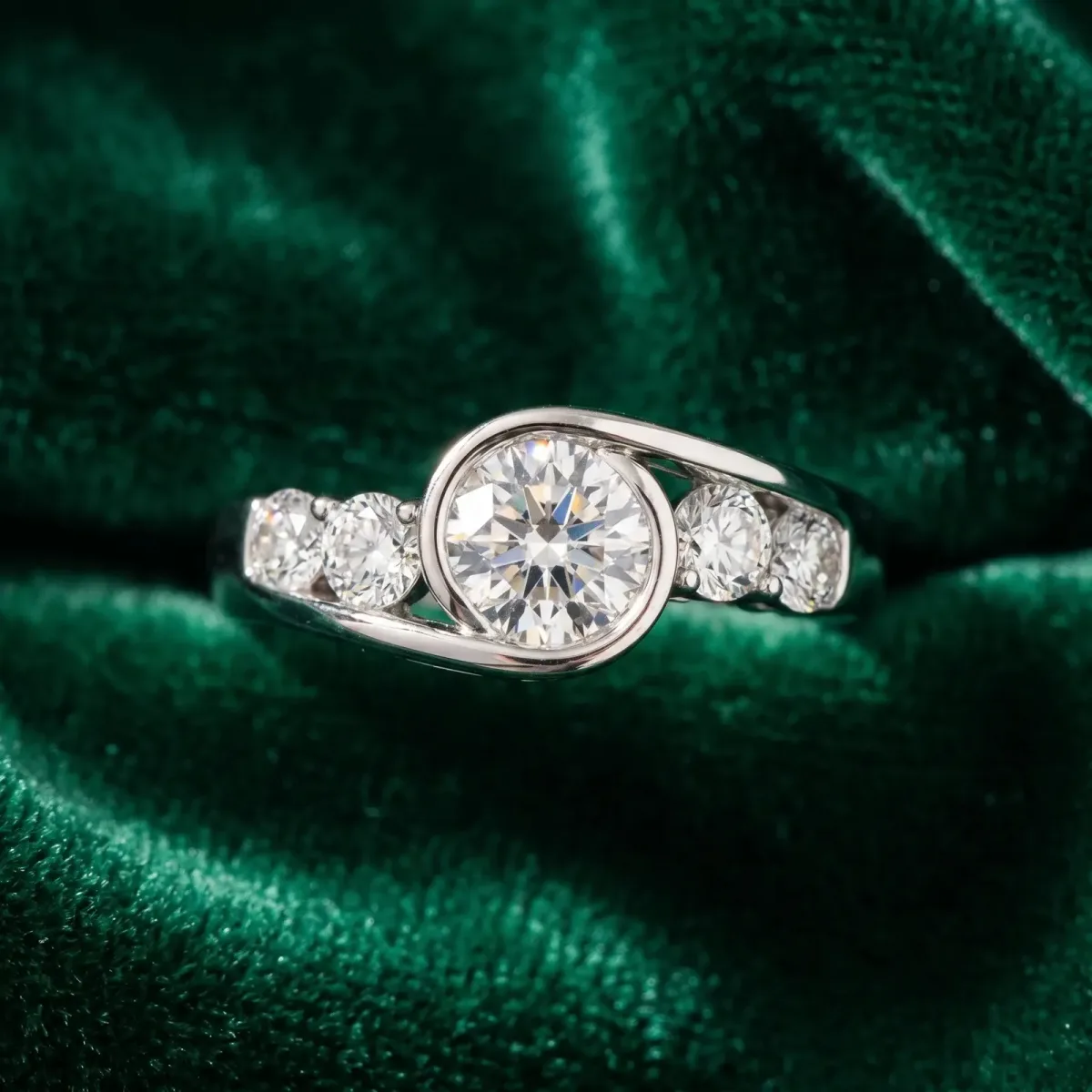 Bezel Set Asscher Cut Diamond Bypass Ring with Round Accents Silver