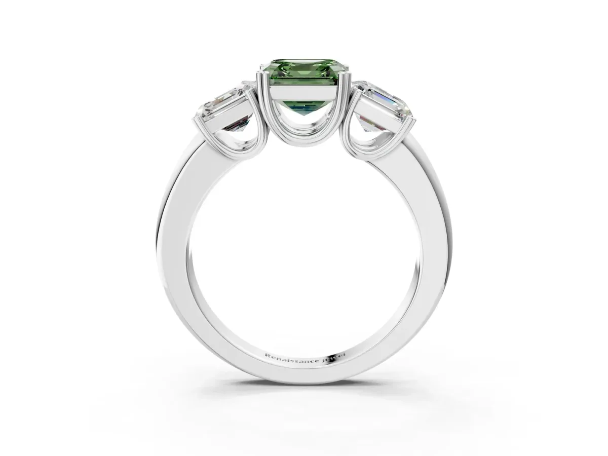 Fancy Green Three-Stone Asscher Cut Cut Diamond Ring with Channel Set Band and Four-Prong Setting Silver