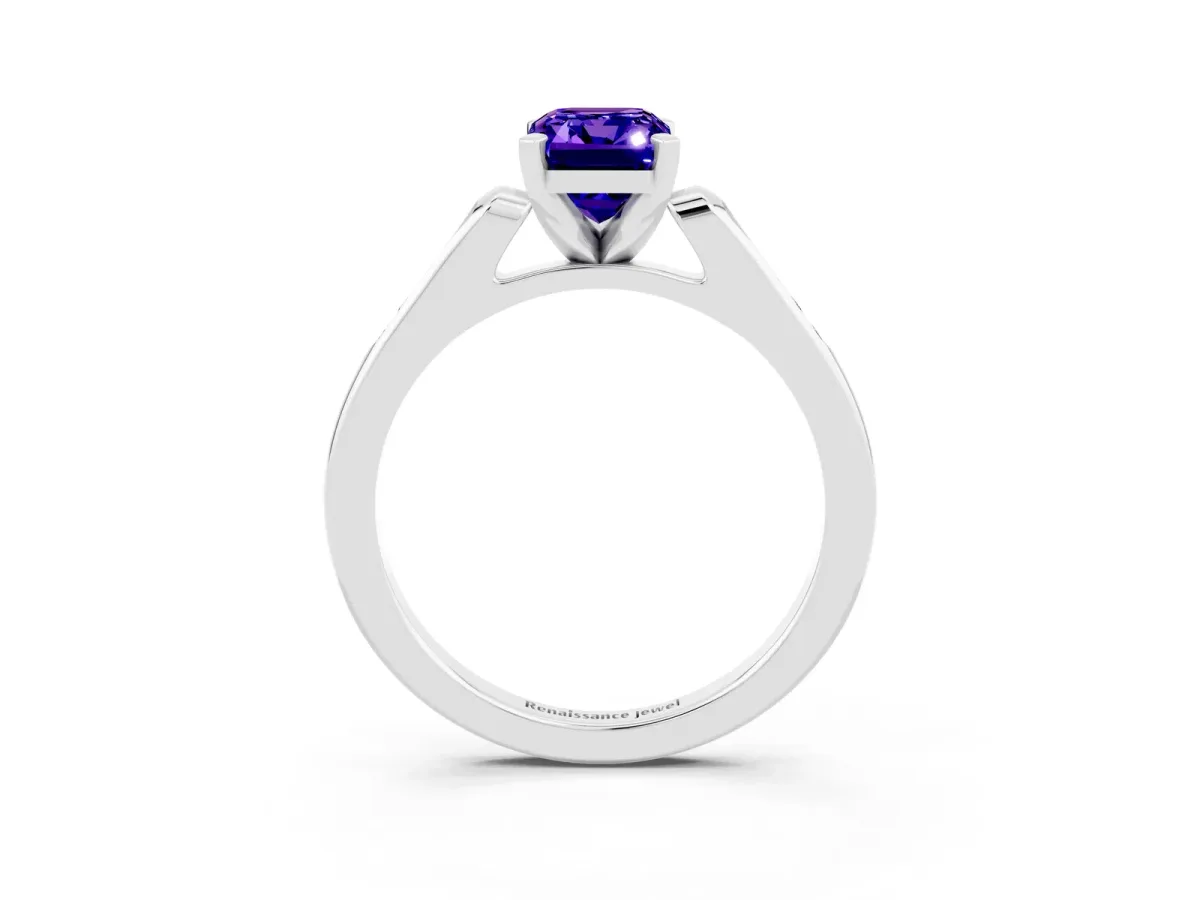 Emerald Cut Tanzanite Solitaire Ring with Channel Set Round Band and Prong Setting Silver