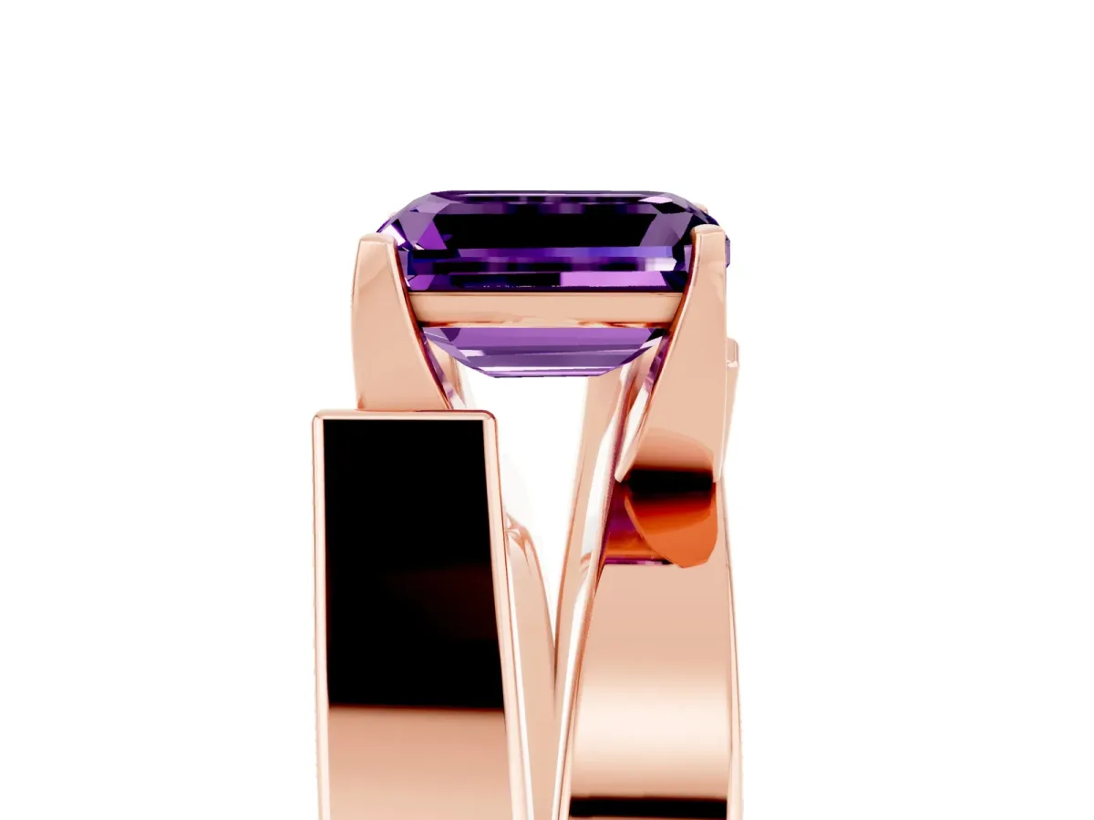 Modern Tension Set Emerald Cut Amethyst Solitaire Wide Band Ring Rose gold