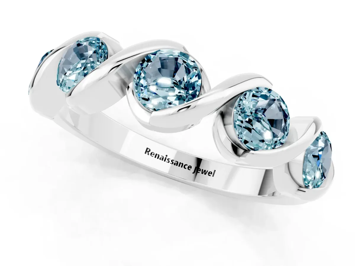 Round Aquamarine Wave Band with Channel Setting and Shared Prongs Silver