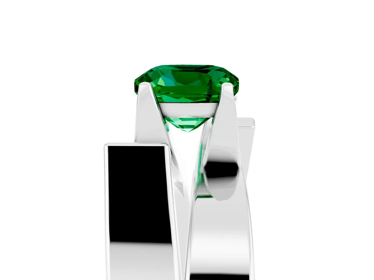 Modern Tension Set Cushion Cut Emerald Solitaire Wide Band Ring Silver
