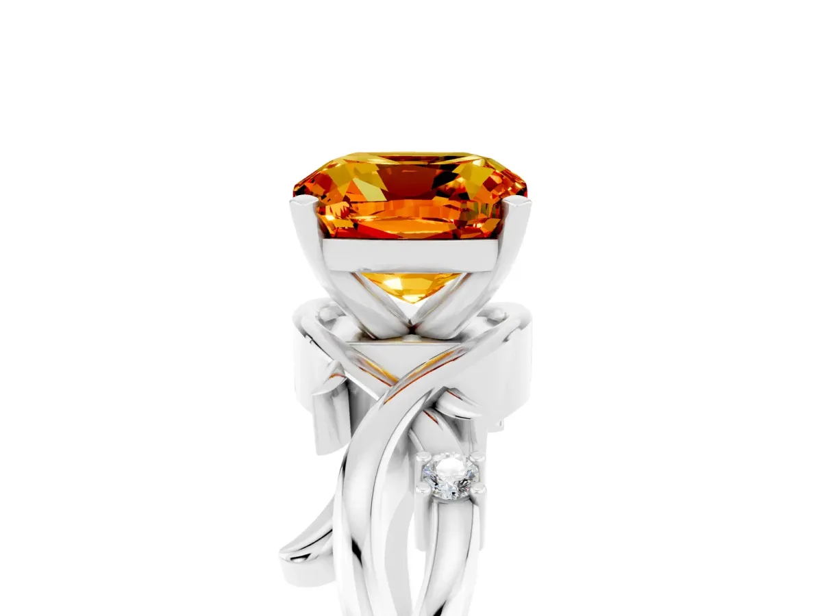 Cushion Cut Citrine Solitaire Ring with Twisted Band and Prong Setting Platinum