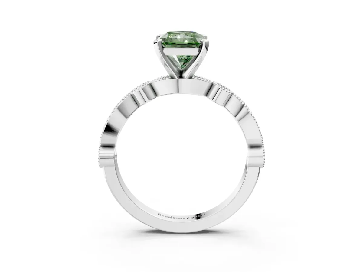 Fancy Green Radiant Cut Milgrain Bezel Diamond Engagement Ring with Solitaire Prong Setting Platinum
