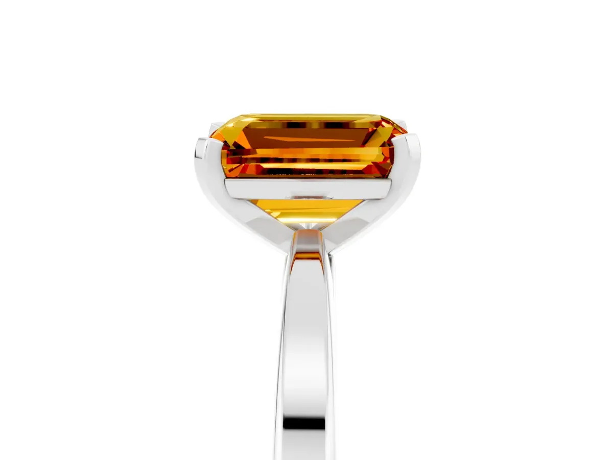 Emerald Cut Citrine Solitaire Engagement Ring with Classic Band and Four-Prong Setting Silver
