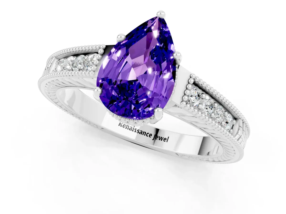 Pear Cut Tanzanite Ring with Milgrain Pavé Band and Four-Prong Setting Platinum
